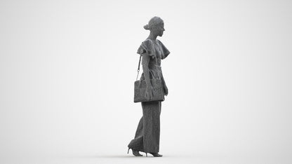 3D scanned woman walking business, photorealistic archviz people for Enscape and SketchUp, wireframe side view