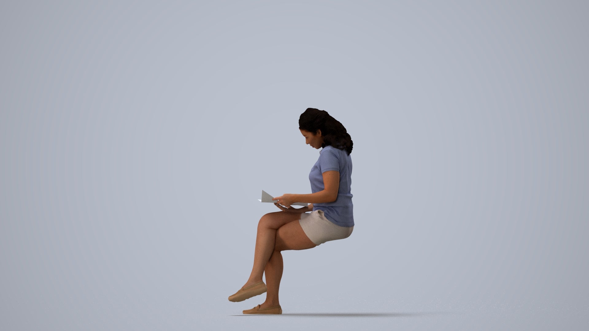 3D human model woman casual sitting, photogrammetry scanned person for archviz, three-quarter view render