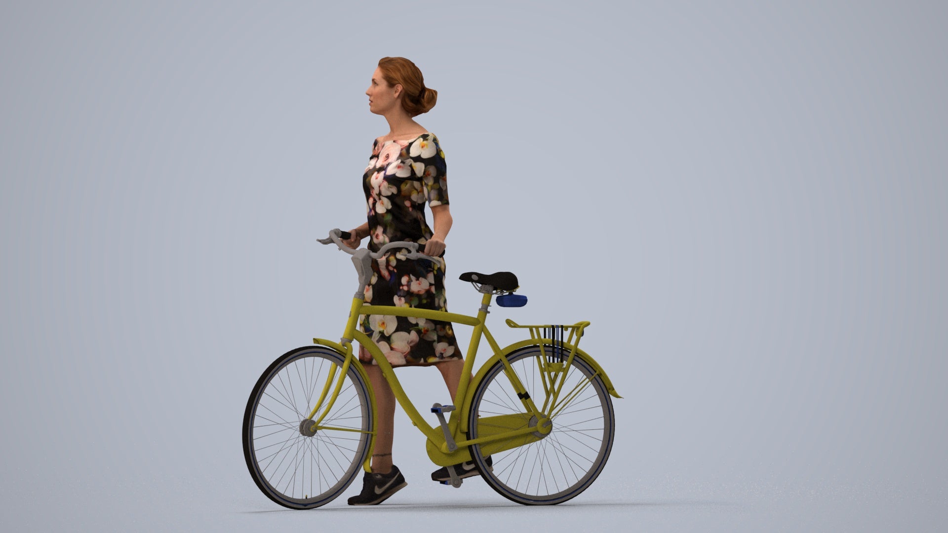 realistic 3D senior woman casual cycling, scanned archviz people for Blender and 3ds Max, three-quarter view render