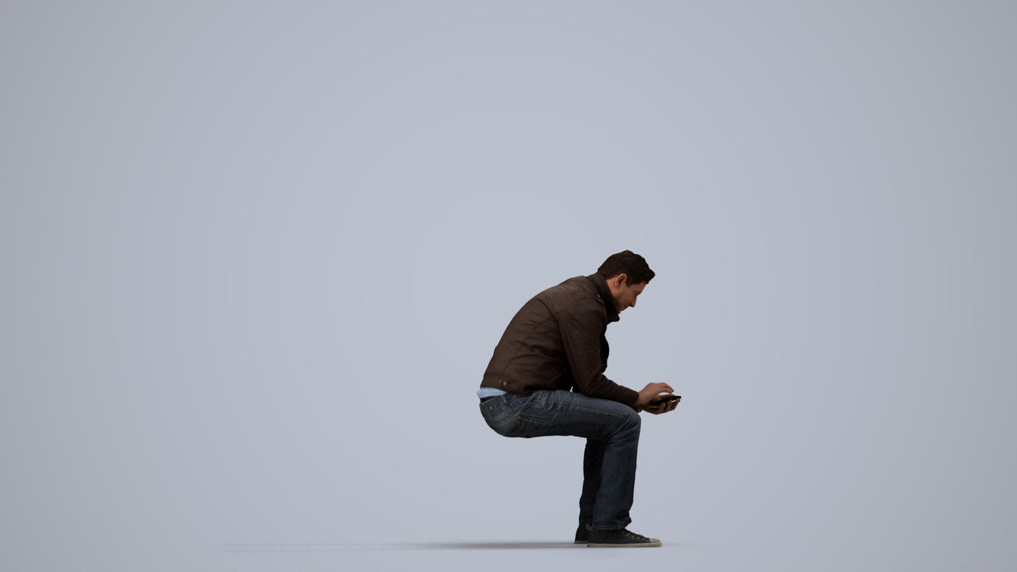 realistic 3D human man casual sitting, archviz people FBX OBJ for Blender, side view render