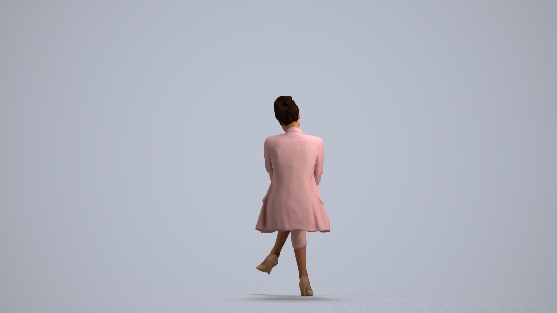 3D human model woman business sitting, photogrammetry scanned person for archviz, front view render