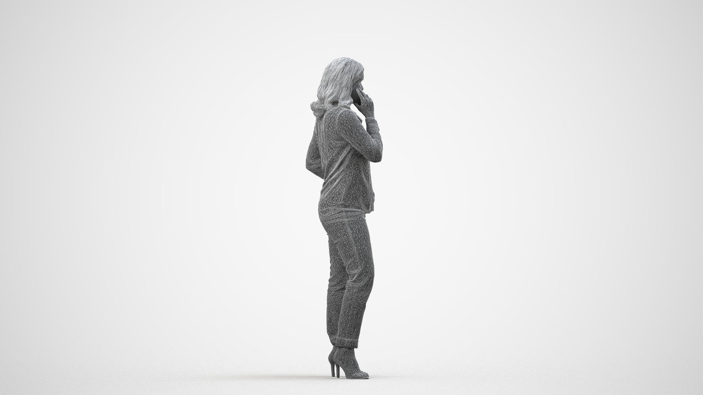 realistic 3D human woman casual standing, archviz people FBX OBJ for Blender, wireframe side view