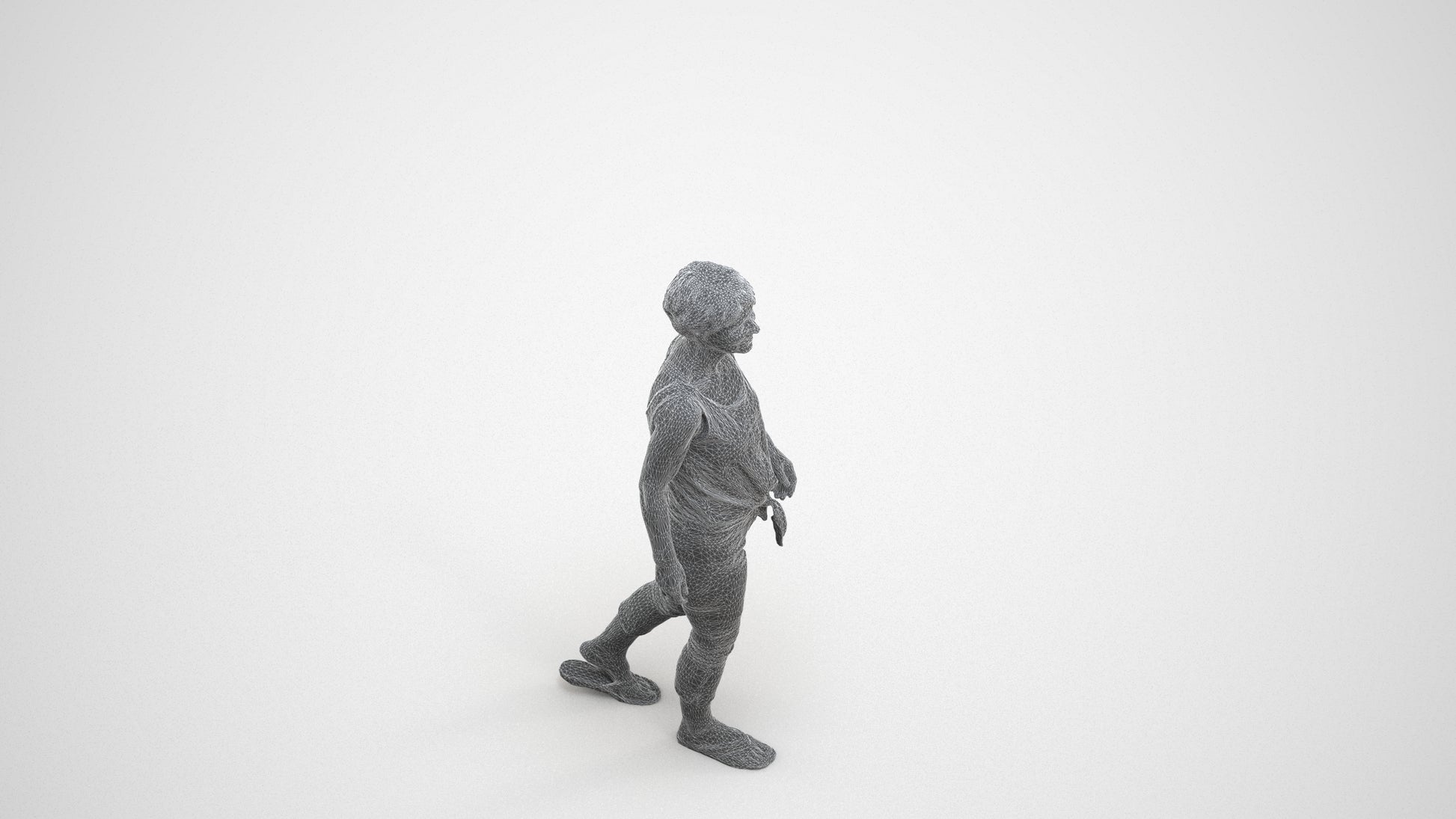 3D human model senior woman walking, photogrammetry scanned person for archviz, wireframe three-quarter view