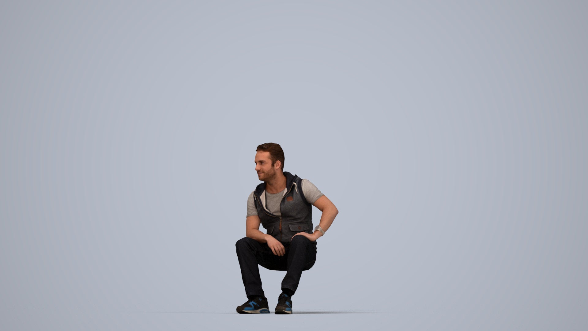 3D people model man casual sitting, scanned human for 3ds Max rendering, top-down view render