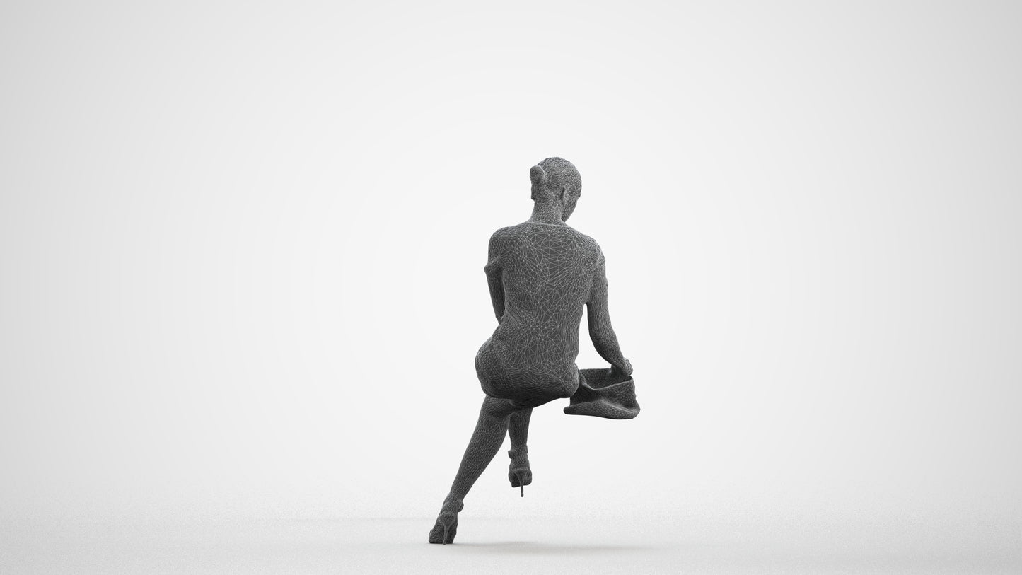 photogrammetry 3D woman business sitting, realistic human model archviz FBX, wireframe front view