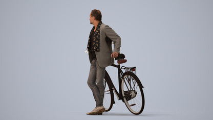 3D human model man business cycling, photogrammetry scanned person for archviz, three-quarter view render