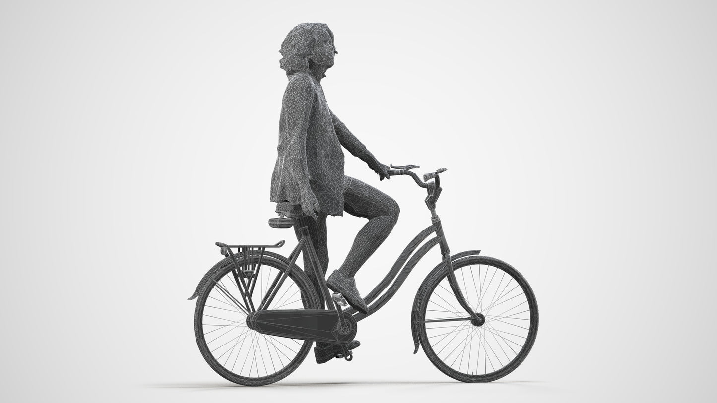 3D scanned woman cycling business, photorealistic archviz people for Enscape and SketchUp, wireframe side view