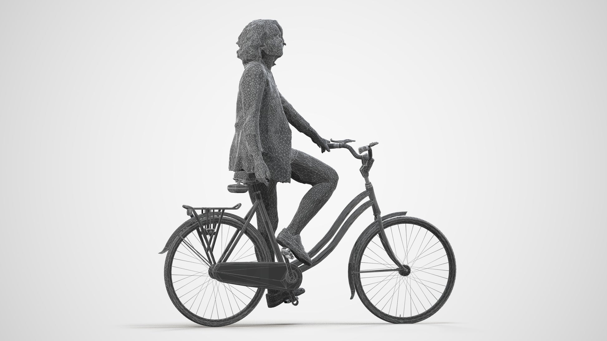 3D scanned woman cycling business, photorealistic archviz people for Enscape and SketchUp, wireframe side view