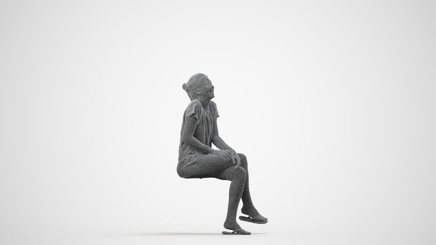 realistic 3D human woman casual sitting, archviz people FBX OBJ for Blender, wireframe side view