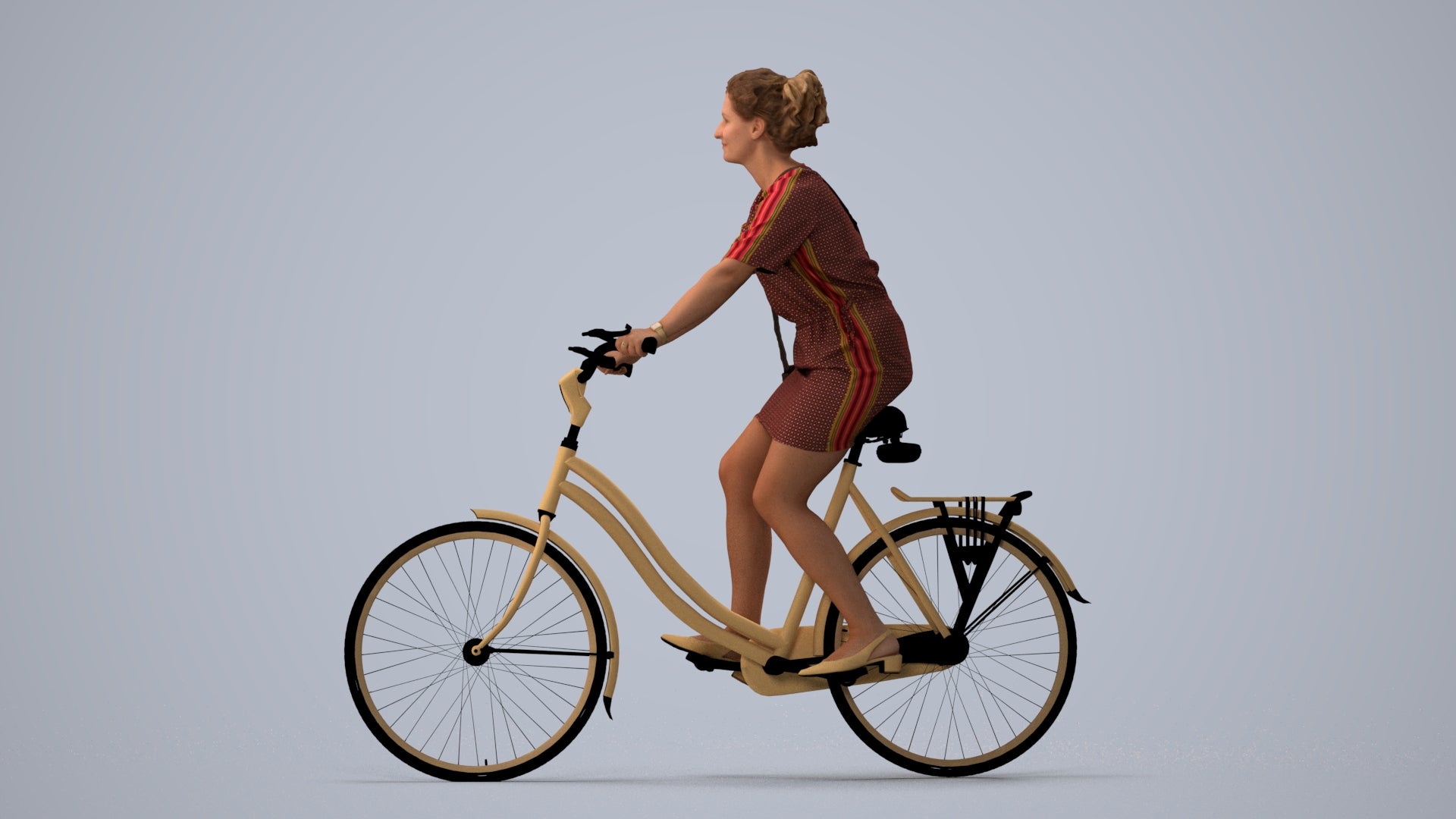 realistic 3D woman casual cycling, scanned archviz people for Blender and 3ds Max, three-quarter view render