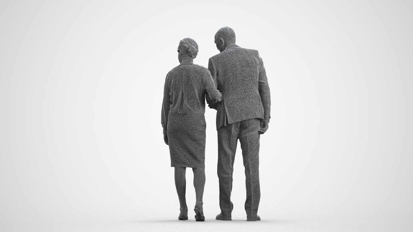 realistic 3D people senior woman business couple, render-ready for V-Ray and Corona, FBX OBJ, wireframe front view
