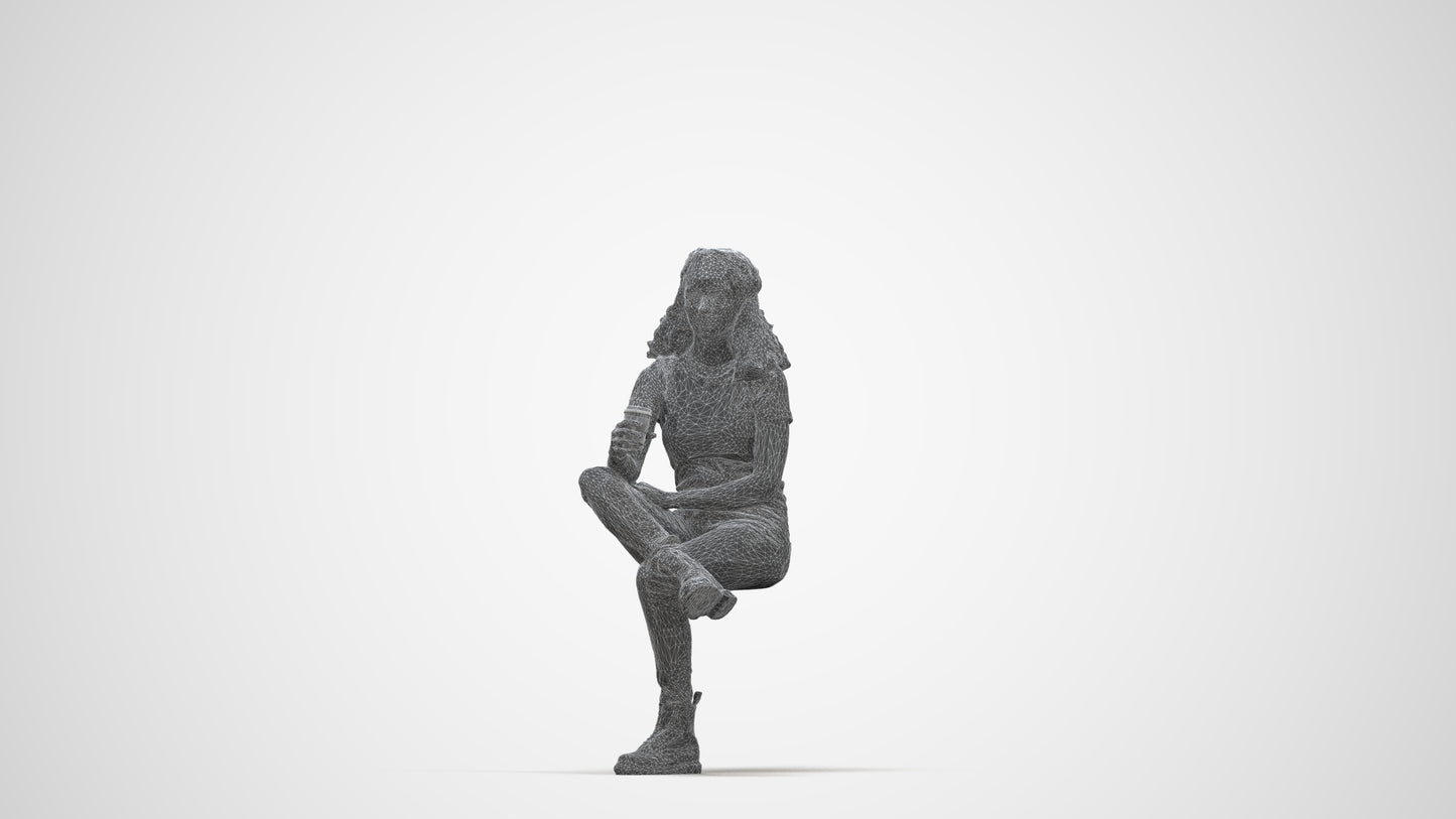 realistic 3D human woman casual sitting, archviz people FBX OBJ for Blender, wireframe back view