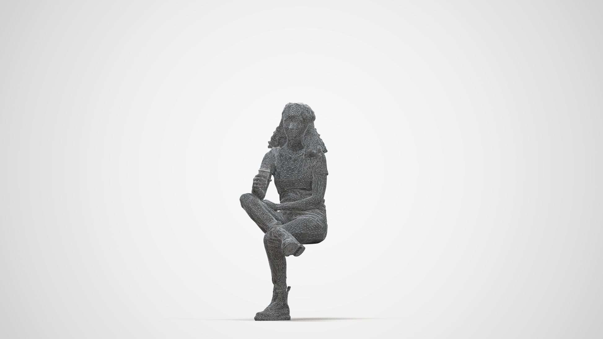 realistic 3D human woman casual sitting, archviz people FBX OBJ for Blender, wireframe back view