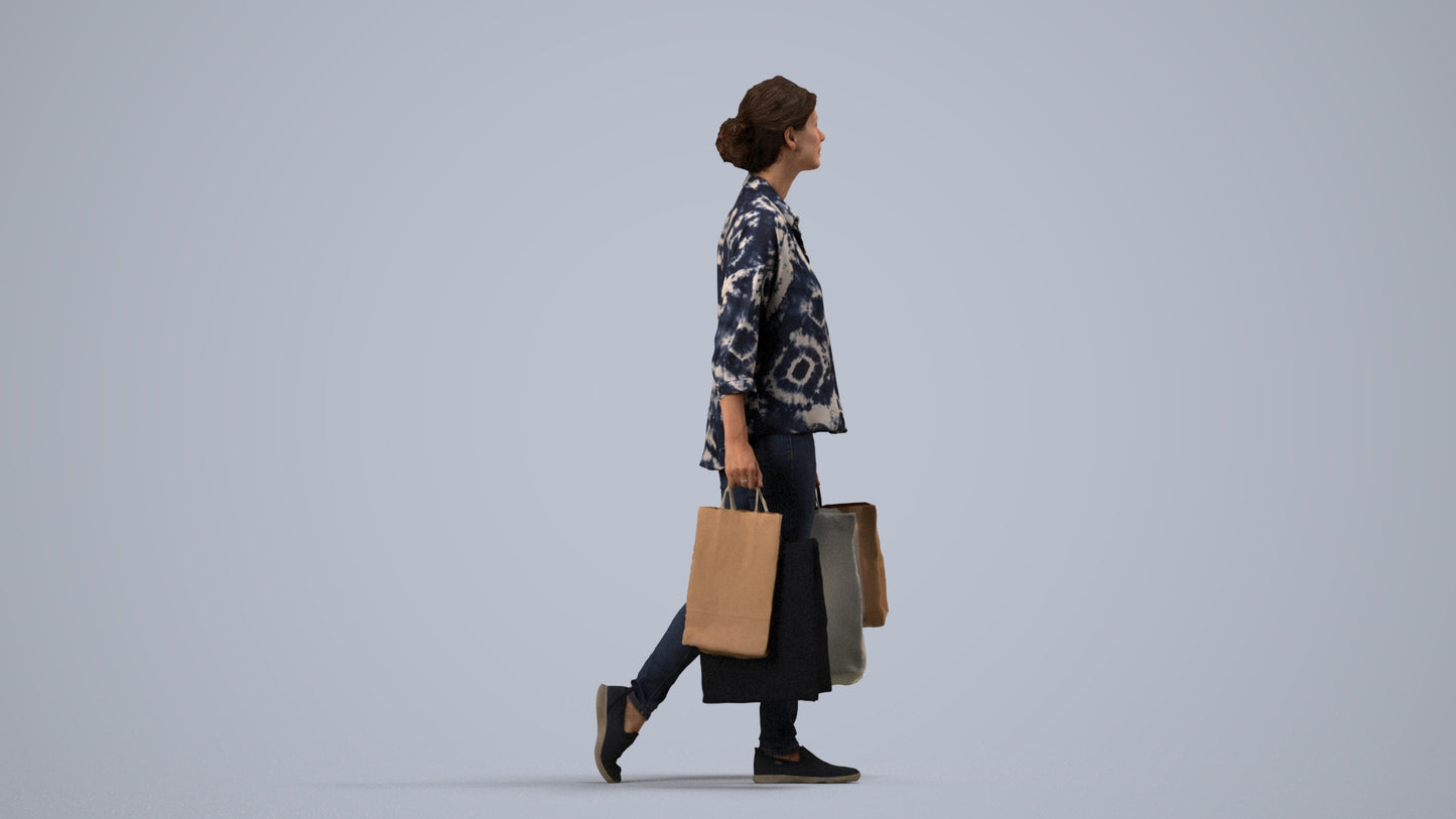 3D scanned woman shopping casual, photorealistic archviz people for Enscape and SketchUp, side view render