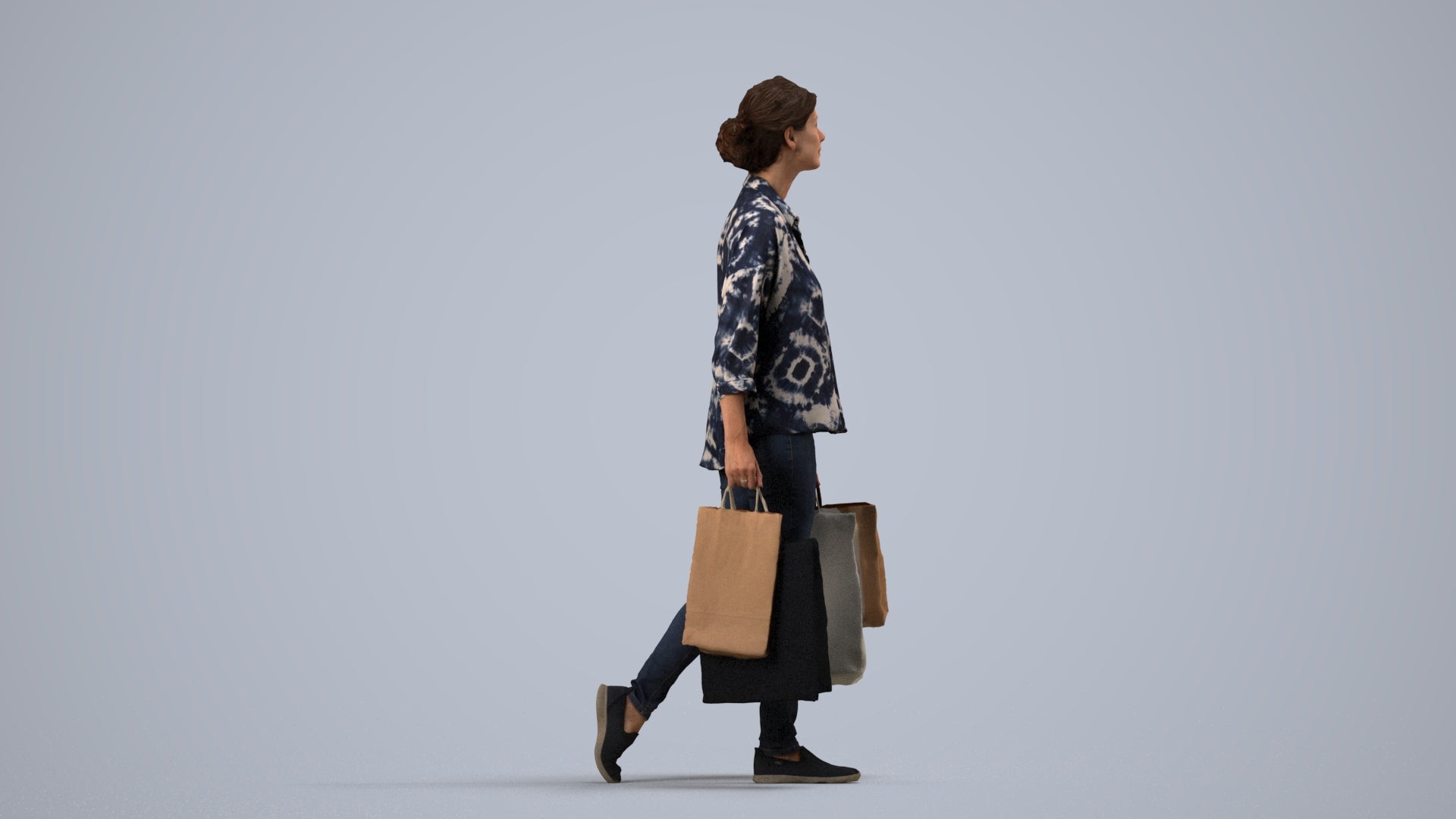 3D scanned woman shopping casual, photorealistic archviz people for Enscape and SketchUp, side view render