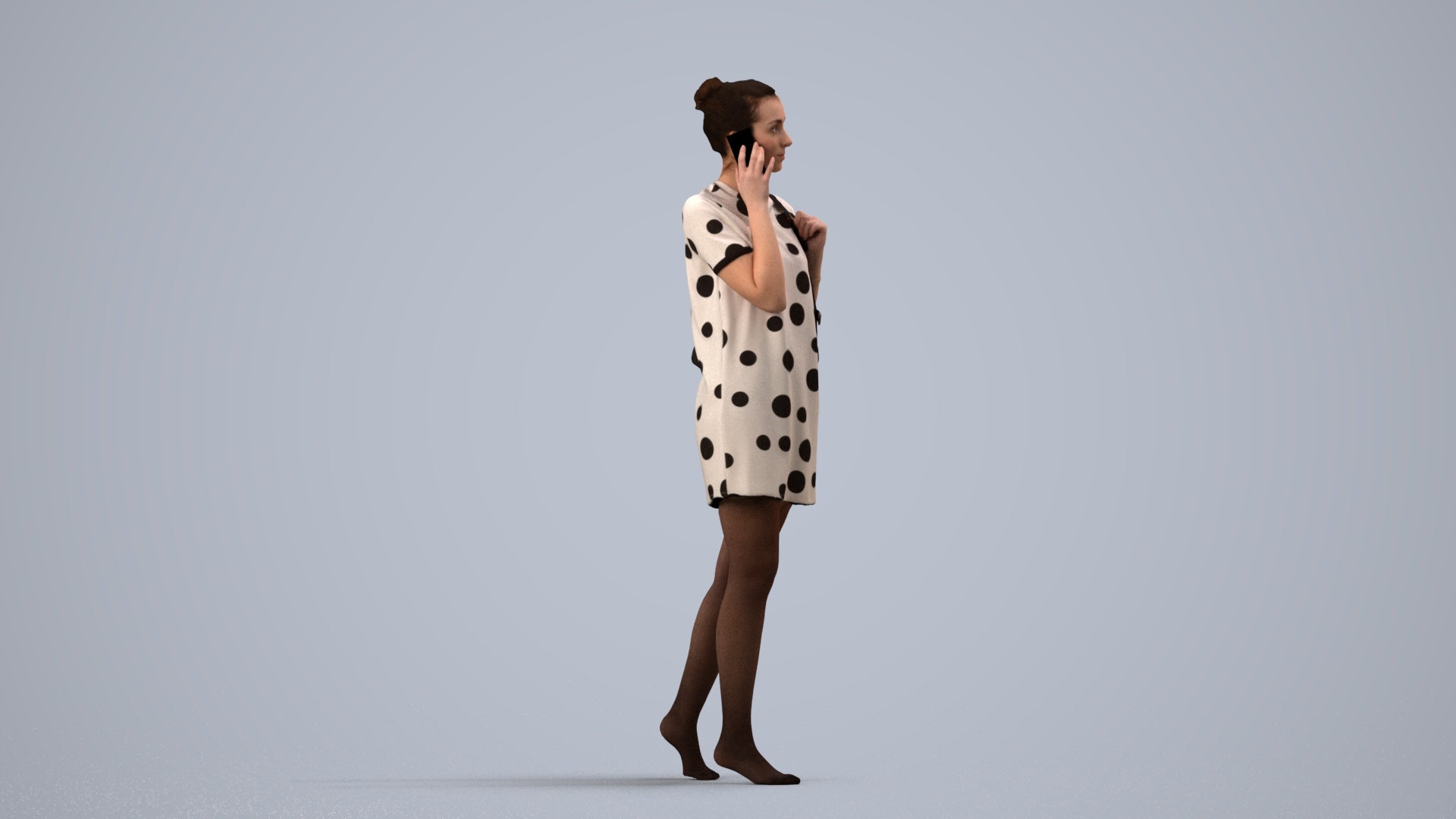 3D human model woman casual walking, photogrammetry scanned person for archviz, side view render