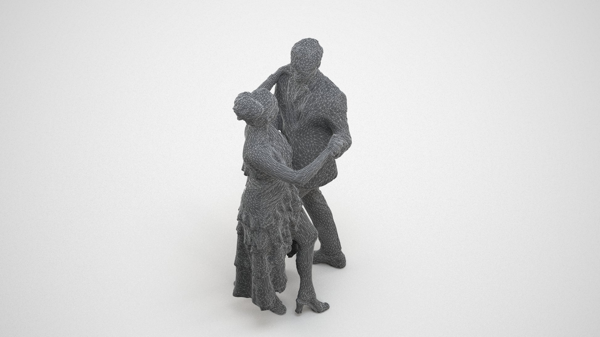 3D human model woman formal dancing, photogrammetry scanned person for archviz, wireframe three-quarter view