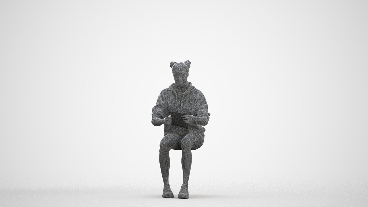 scanned 3D woman casual sitting, photogrammetry people for Enscape and V-Ray, three-quarter front view render