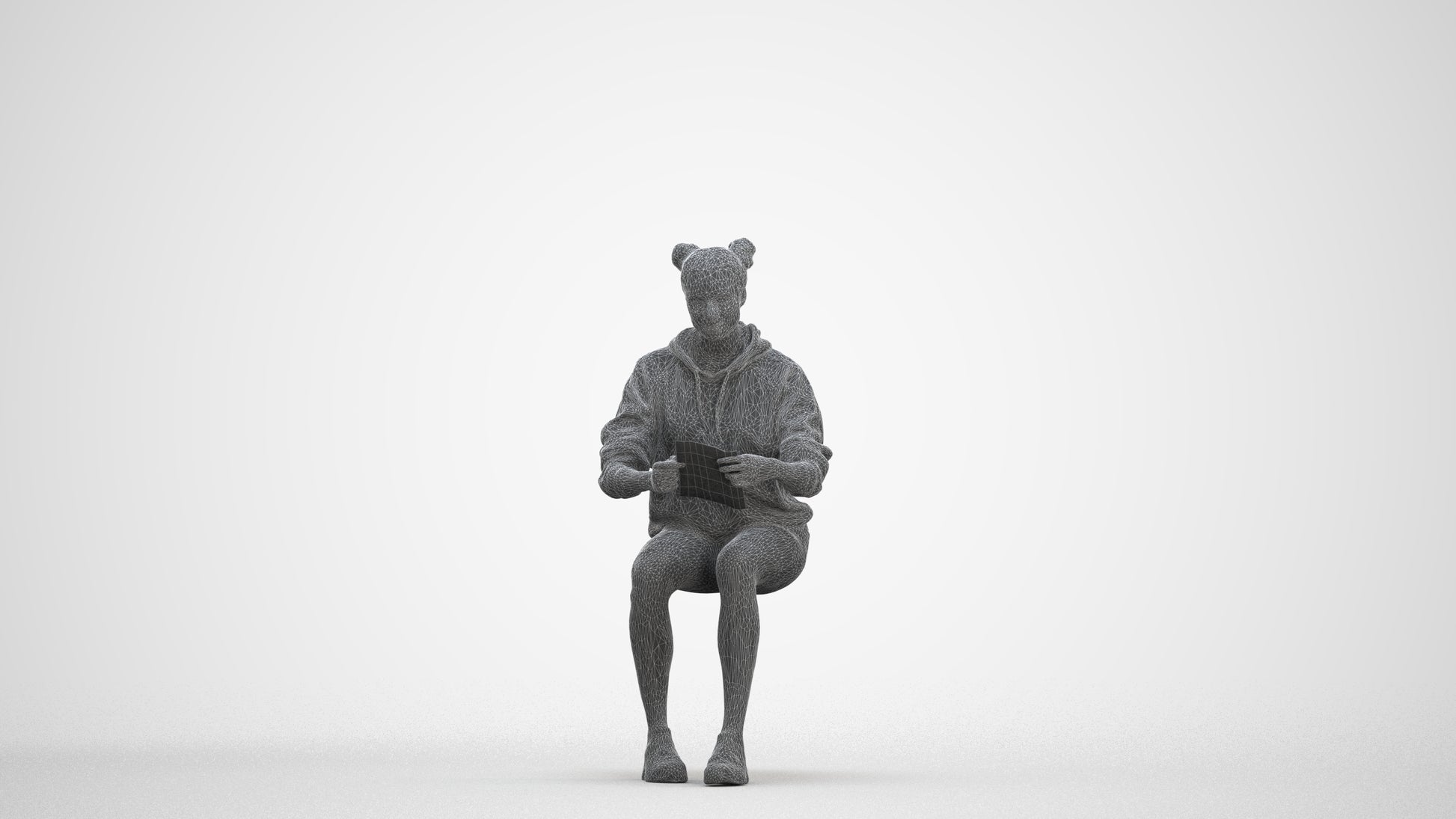 scanned 3D woman casual sitting, photogrammetry people for Enscape and V-Ray, three-quarter front view render