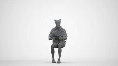 scanned 3D woman casual sitting, photogrammetry people for Enscape and V-Ray, three-quarter front view render