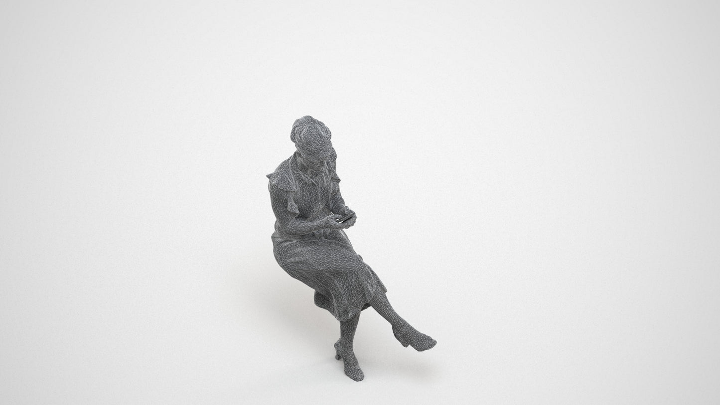 realistic 3D people woman casual sitting, render-ready for V-Ray and Corona, FBX OBJ, wireframe three-quarter view