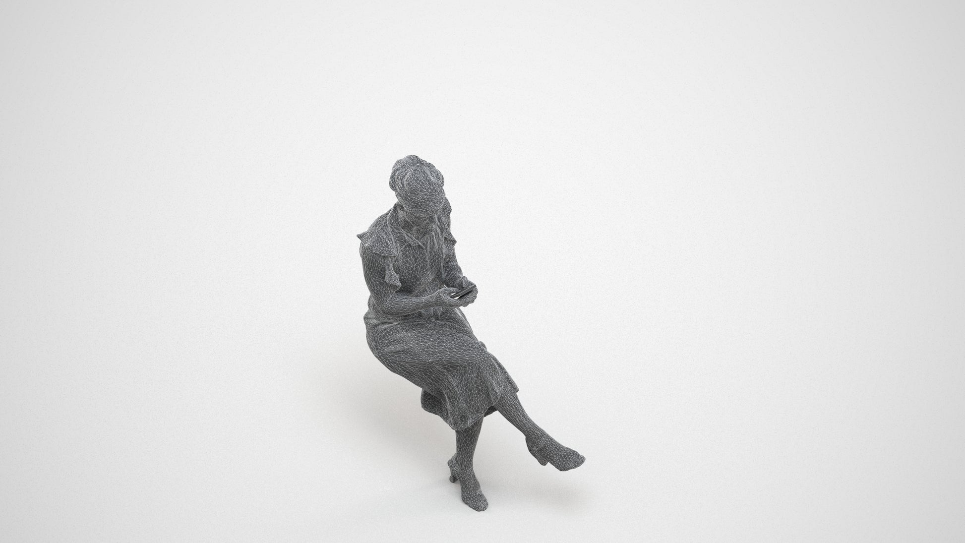 realistic 3D people woman casual sitting, render-ready for V-Ray and Corona, FBX OBJ, wireframe three-quarter view