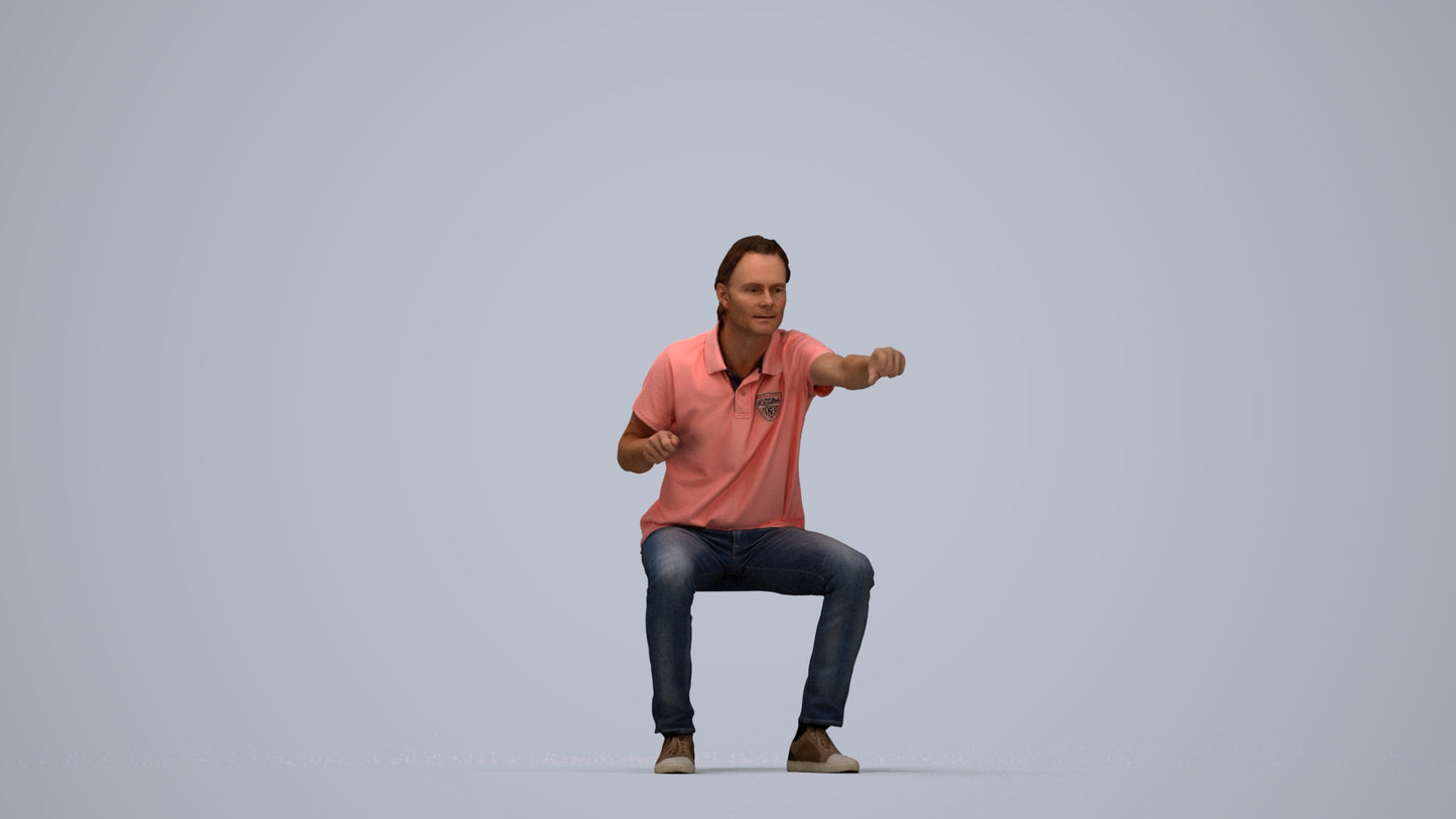 realistic 3D man casual sitting, scanned archviz people for Blender and 3ds Max, top-down view render