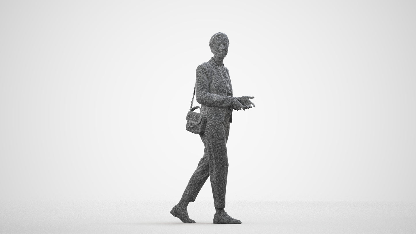realistic 3D human woman business walking, archviz people FBX OBJ for Blender, wireframe side view