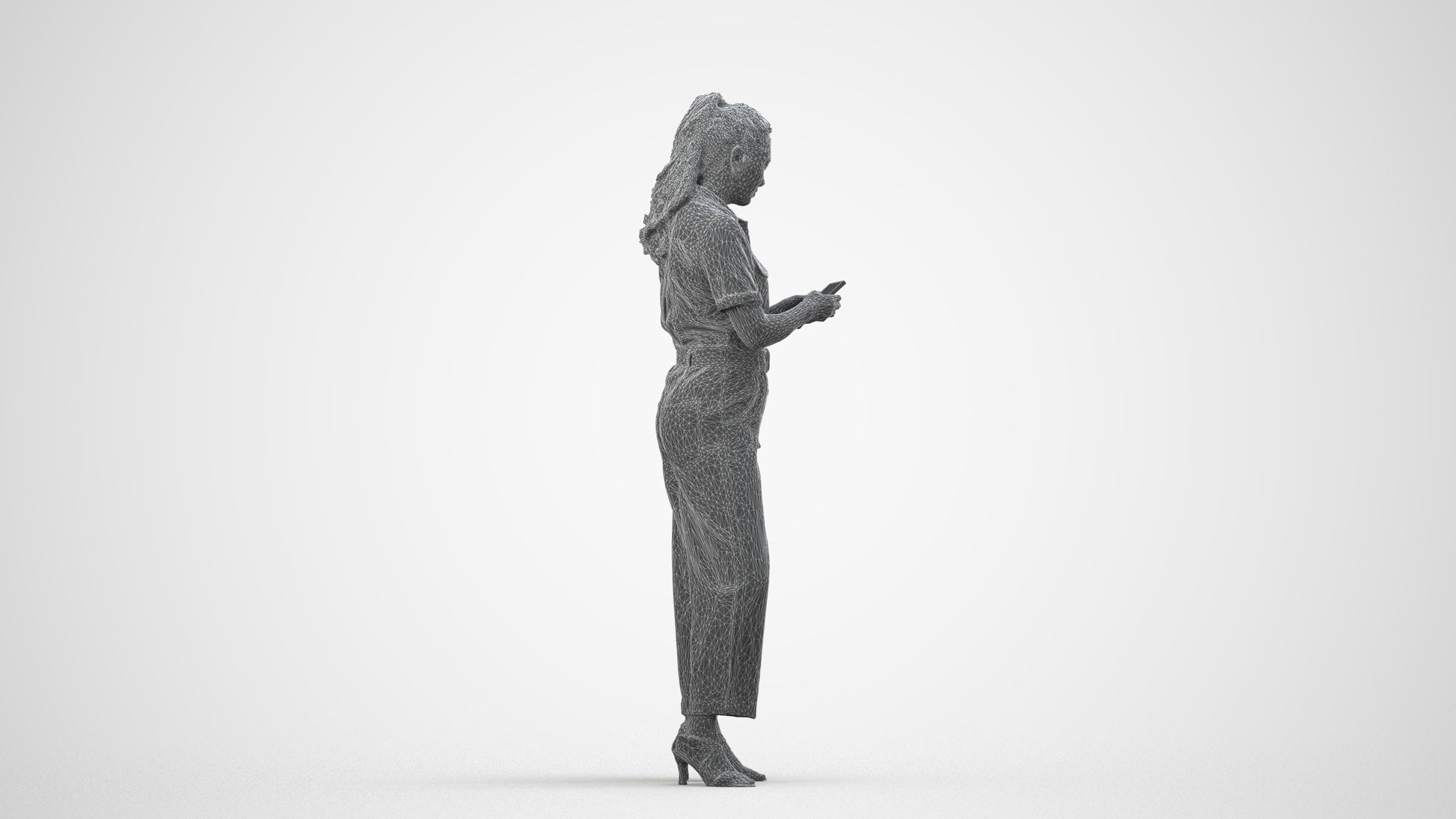 3D people model woman formal standing, scanned human for 3ds Max rendering, wireframe side view