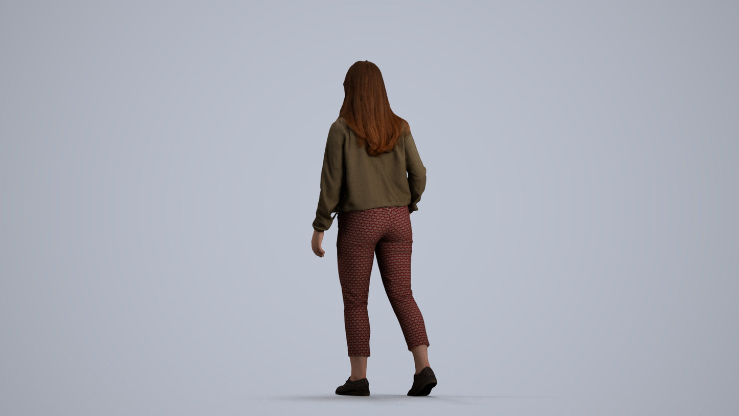 3D scanned woman walking casual, photorealistic archviz people for Enscape and SketchUp, front view render