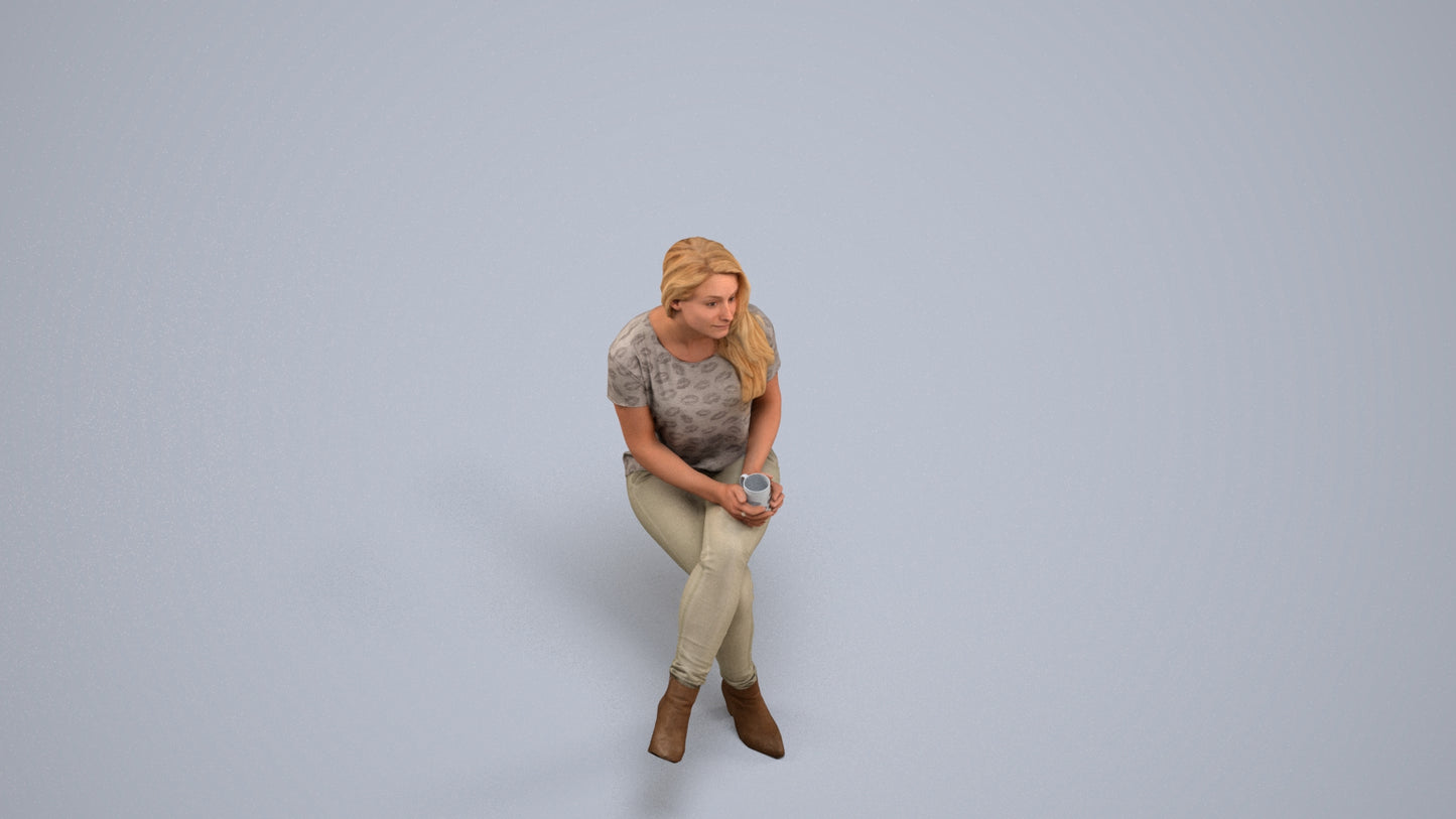 realistic 3D people woman casual sitting, render-ready for V-Ray and Corona, FBX OBJ, back view render