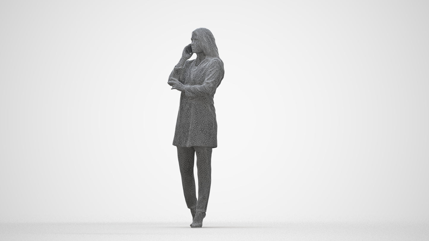 3D human model woman business walking, photogrammetry scanned person for archviz, wireframe back view