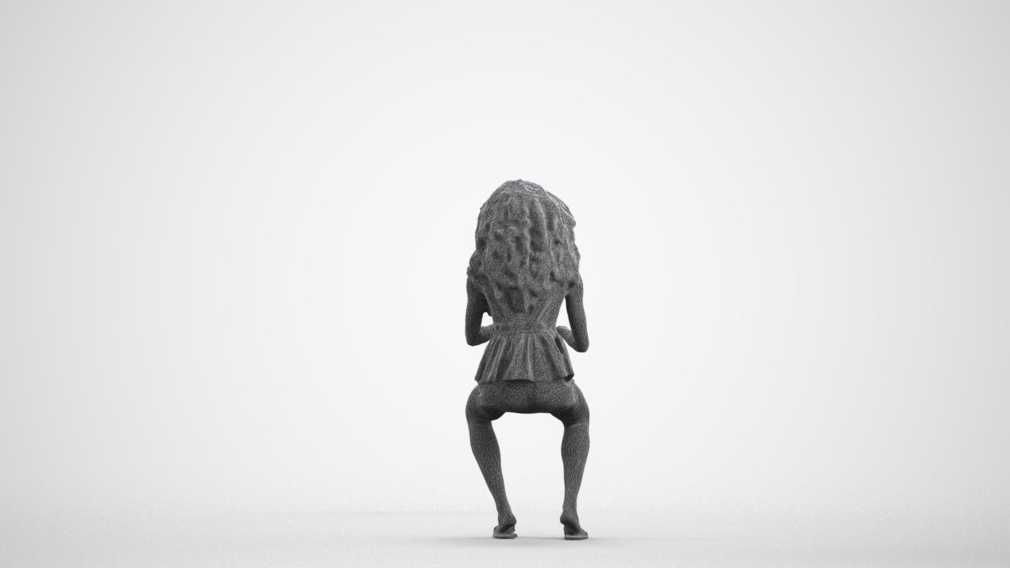 3D human model woman casual sitting, photogrammetry scanned person for archviz, wireframe front view