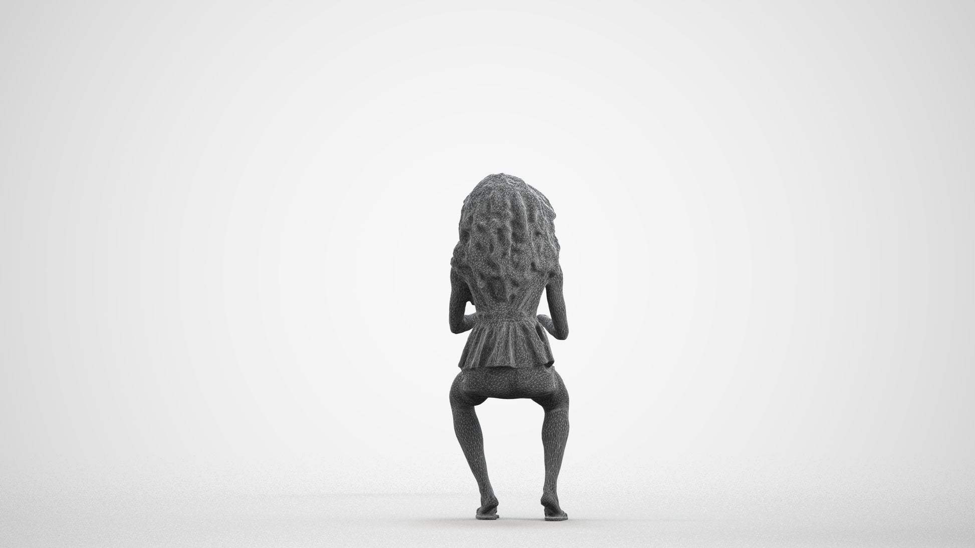 3D human model woman casual sitting, photogrammetry scanned person for archviz, wireframe front view