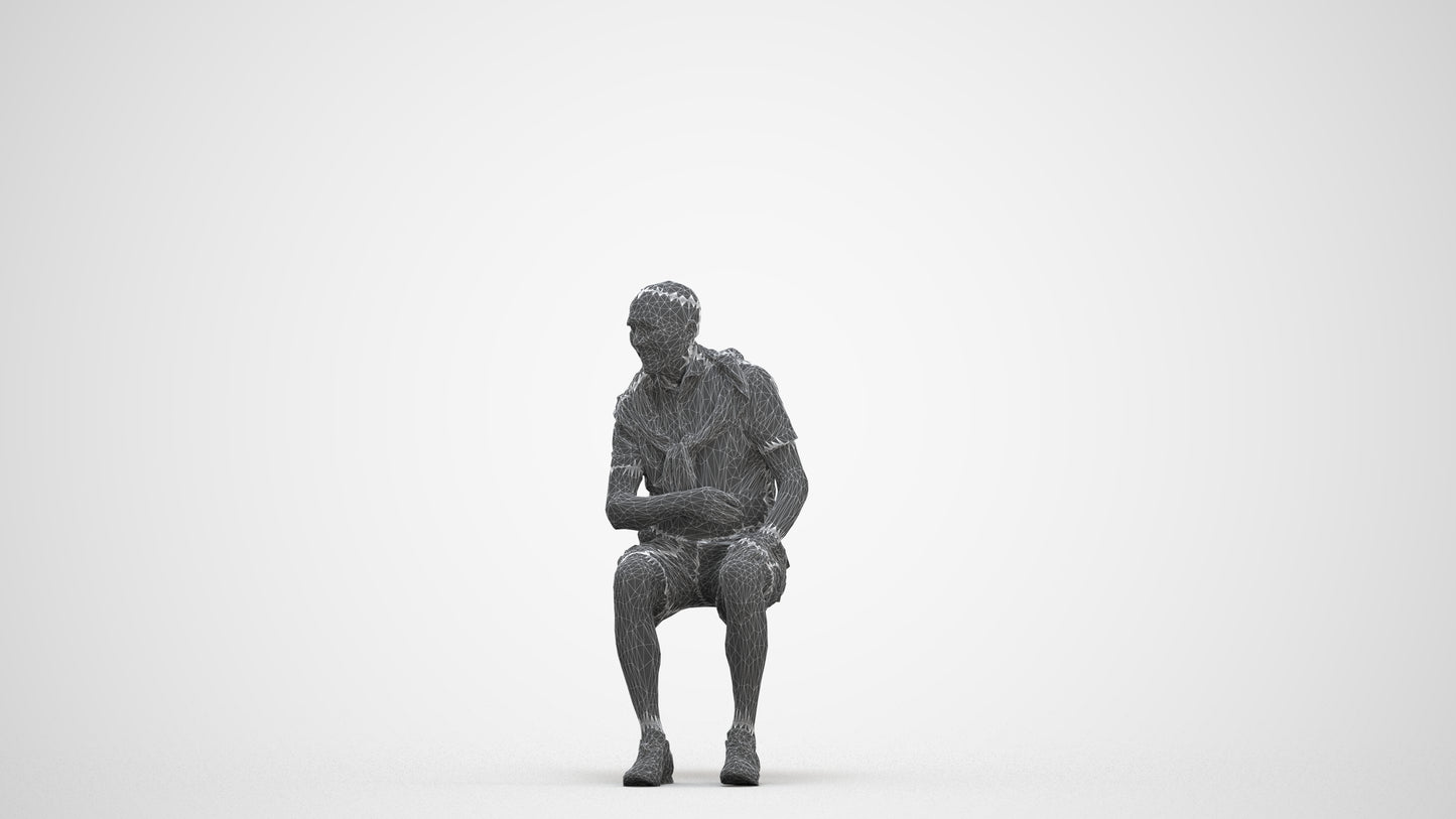 scanned 3D senior man casual sitting, photogrammetry people for Enscape and V-Ray, three-quarter front view render