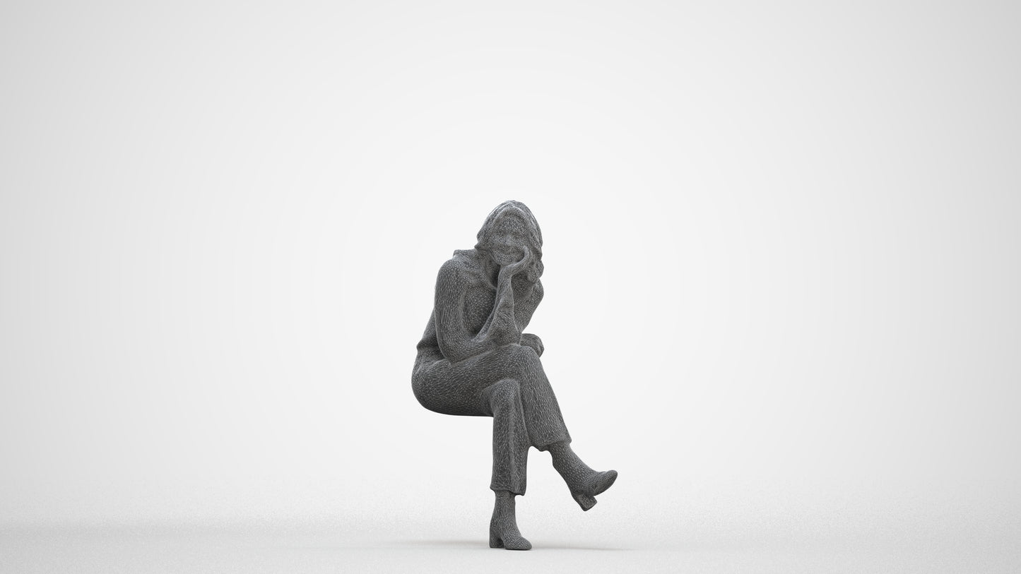 photogrammetry 3D woman business sitting, realistic human model archviz FBX, three-quarter front view render