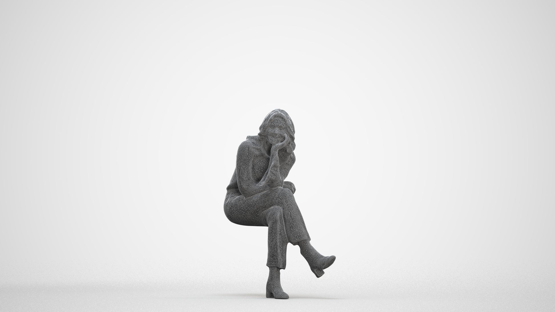 photogrammetry 3D woman business sitting, realistic human model archviz FBX, three-quarter front view render