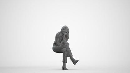 photogrammetry 3D woman business sitting, realistic human model archviz FBX, three-quarter front view render