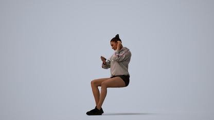 realistic 3D human woman casual sitting, archviz people FBX OBJ for Blender, three-quarter view render