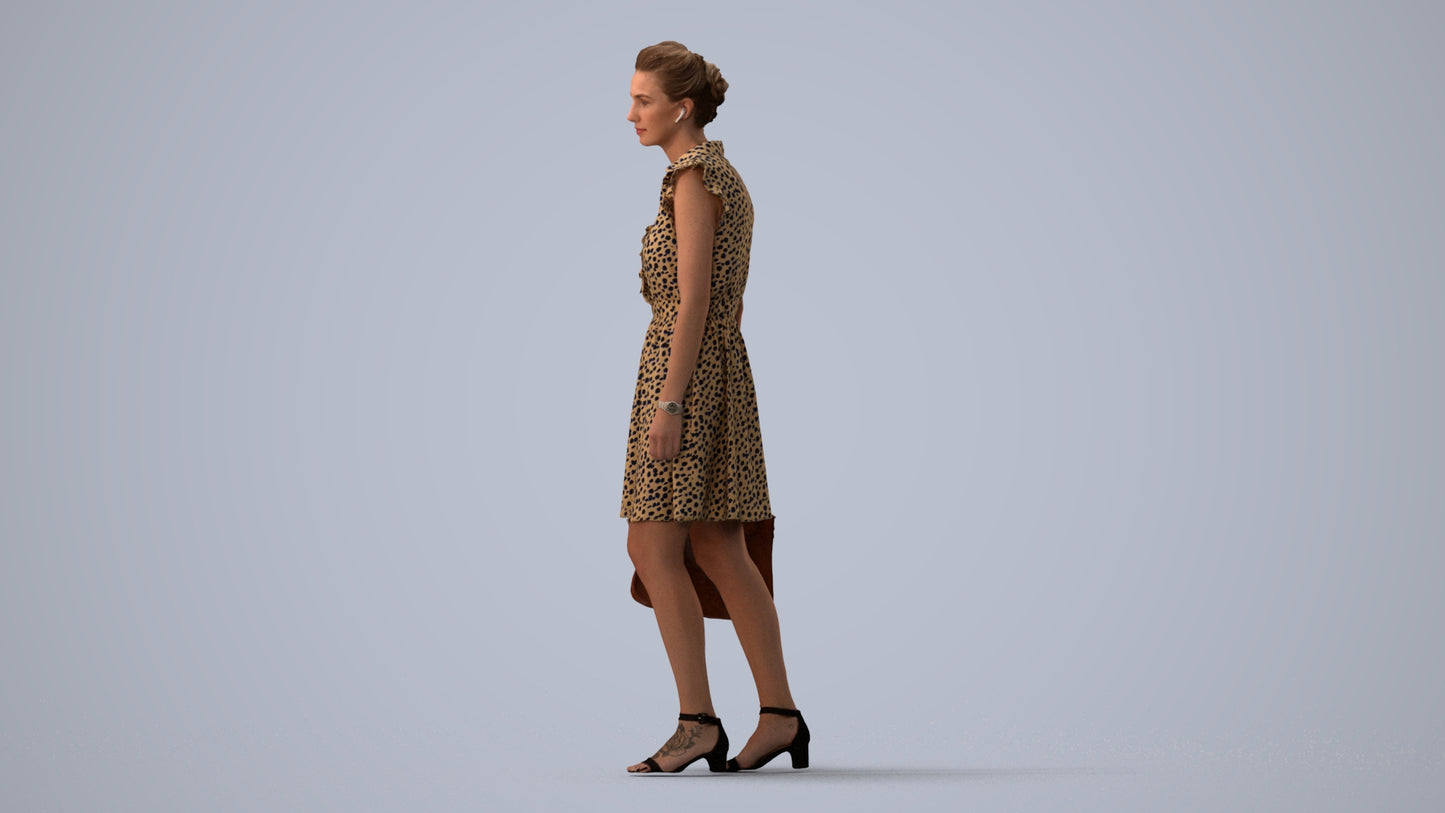realistic 3D woman casual walking, scanned archviz people for Blender and 3ds Max, three-quarter view render