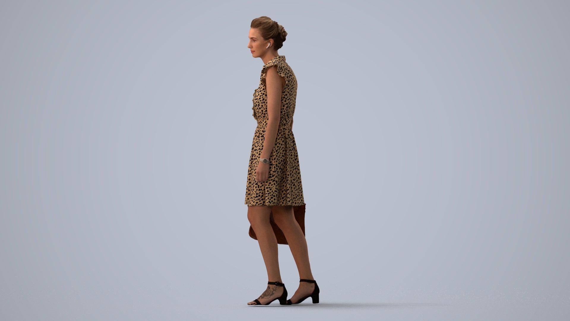 realistic 3D woman casual walking, scanned archviz people for Blender and 3ds Max, three-quarter view render
