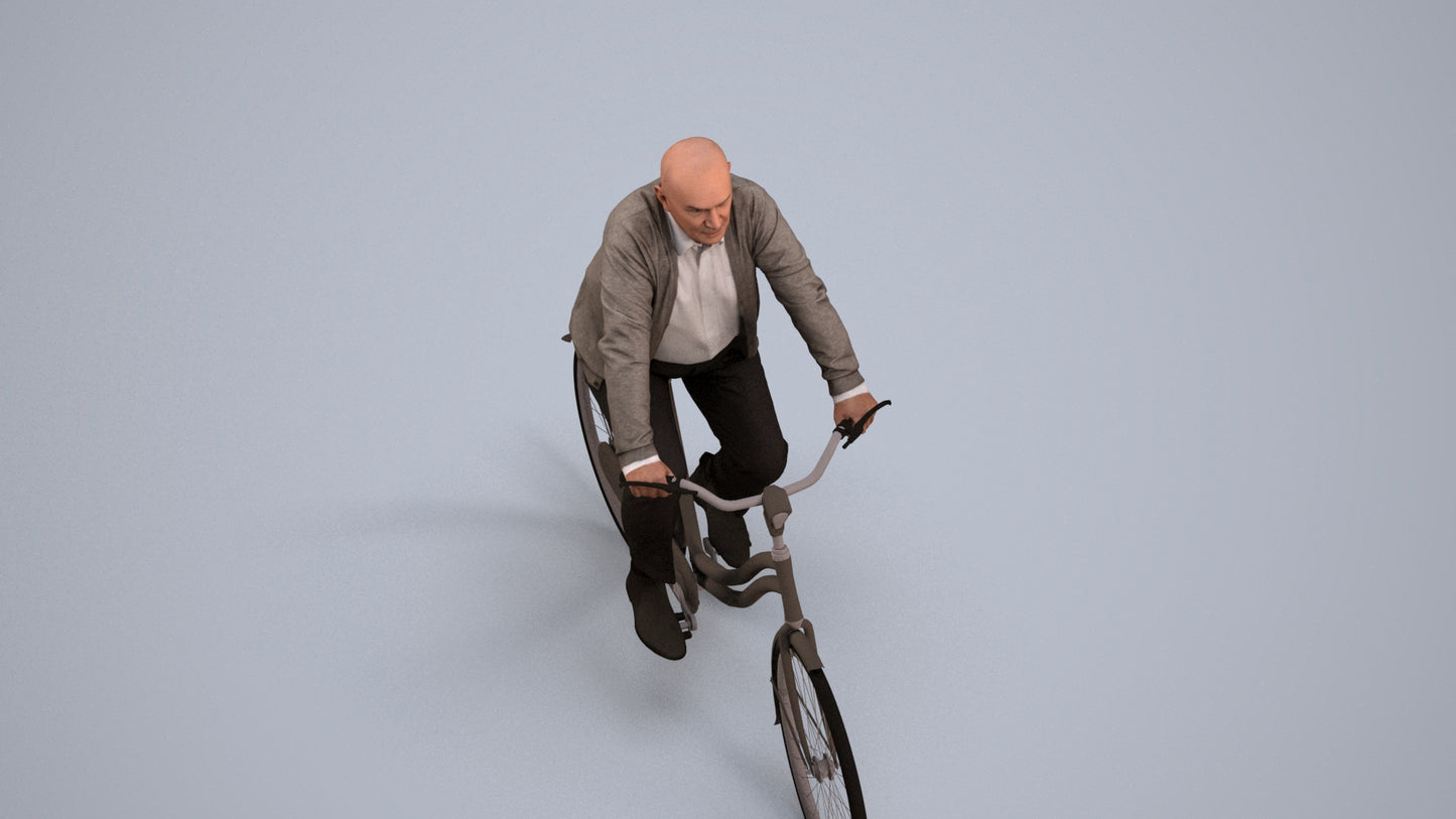 3D human model senior man business cycling, photogrammetry scanned person for archviz, back view render