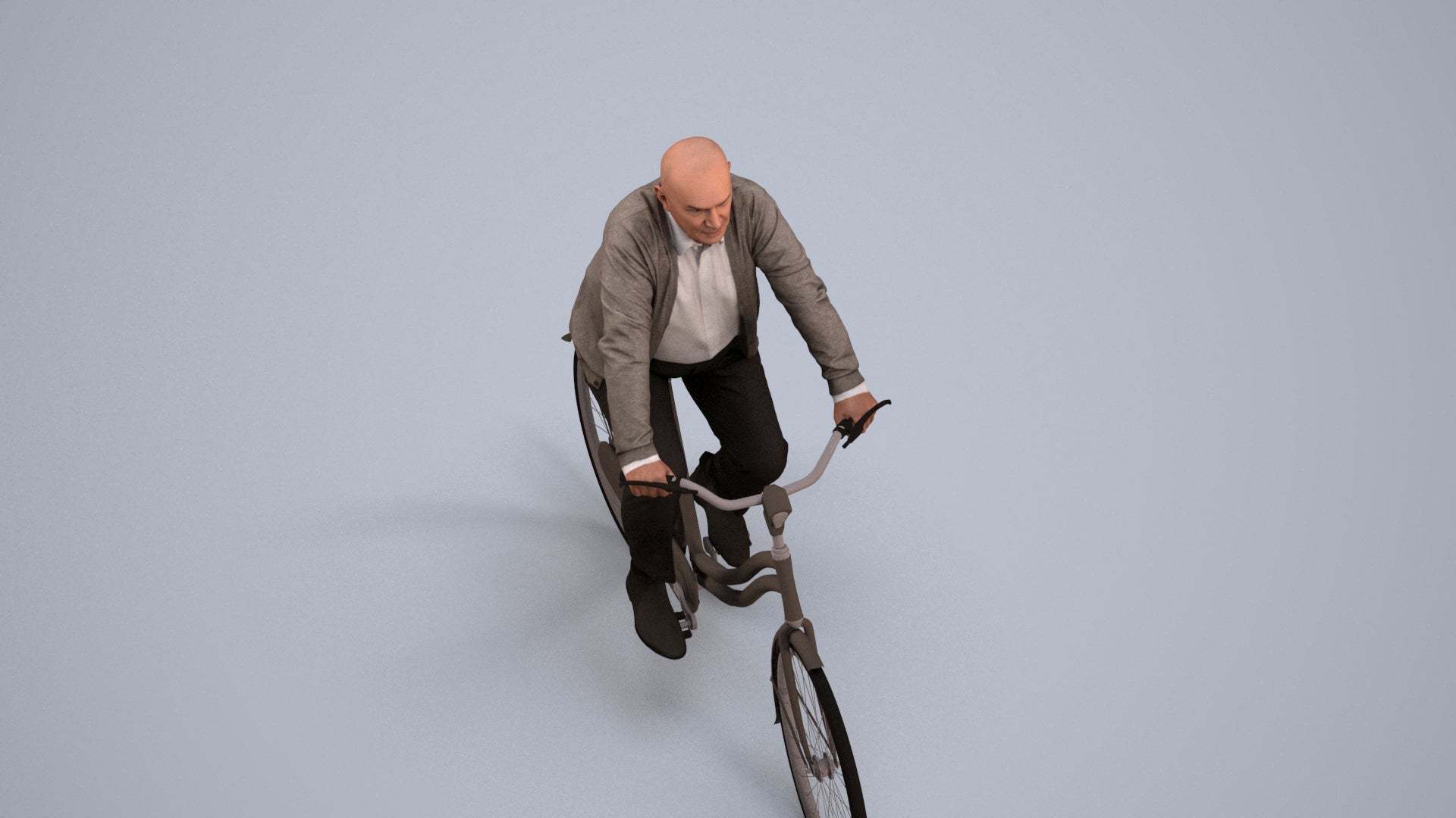 3D human model senior man business cycling, photogrammetry scanned person for archviz, back view render