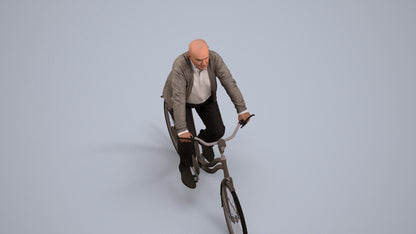 3D human model senior man business cycling, photogrammetry scanned person for archviz, back view render