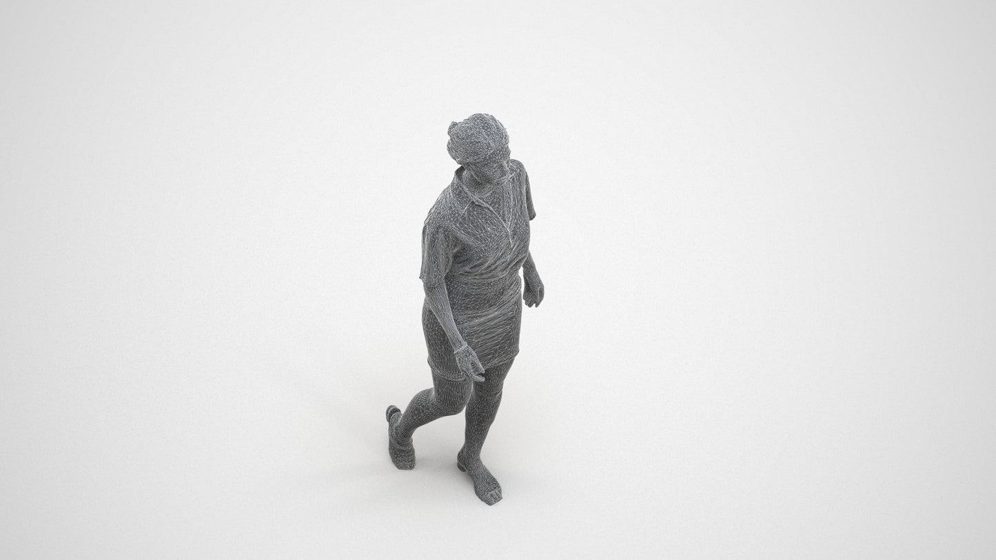 photogrammetry 3D woman casual walking, realistic human model archviz FBX, wireframe three-quarter view