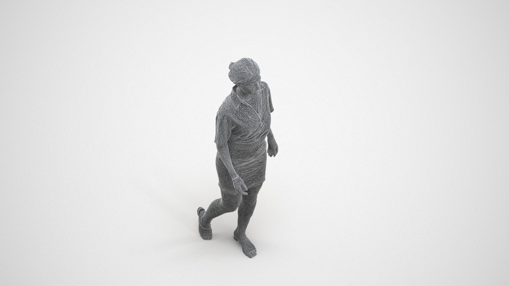 photogrammetry 3D woman casual walking, realistic human model archviz FBX, wireframe three-quarter view