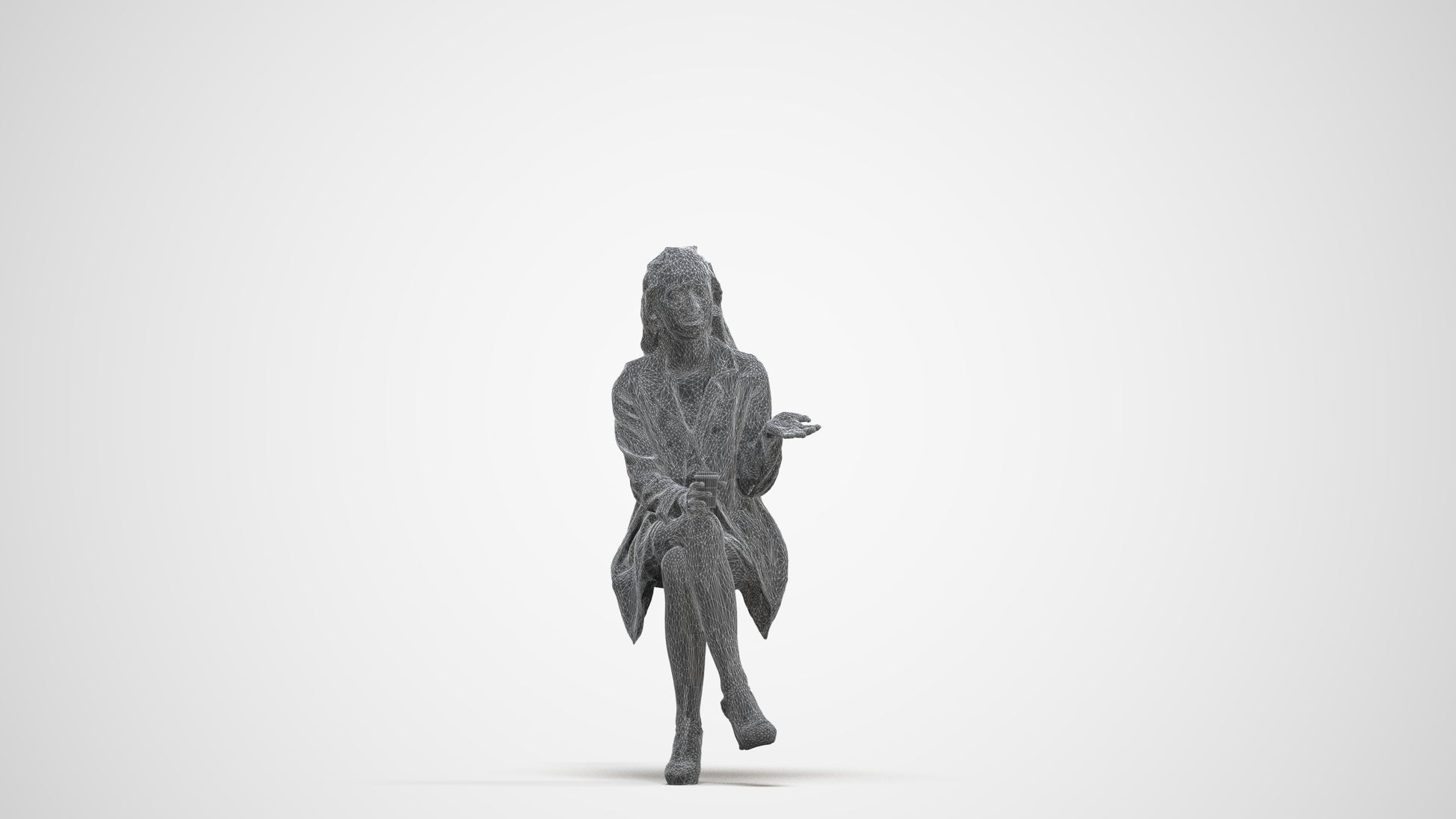 3D human model woman business sitting, photogrammetry scanned person for archviz, three-quarter front view render