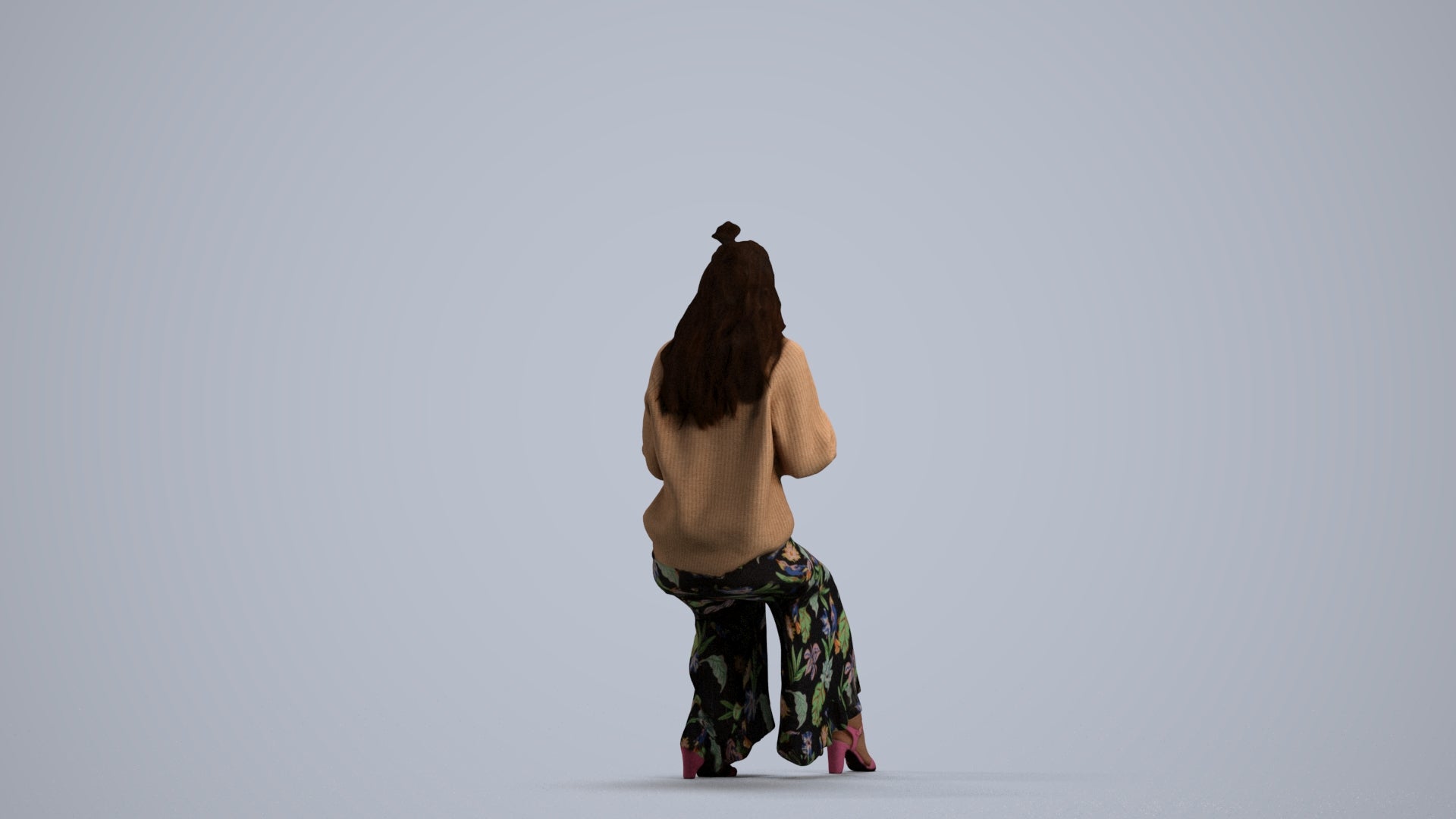 3D human model woman casual sitting, photogrammetry scanned person for archviz, front view render