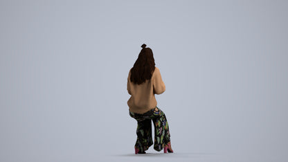 3D human model woman casual sitting, photogrammetry scanned person for archviz, front view render