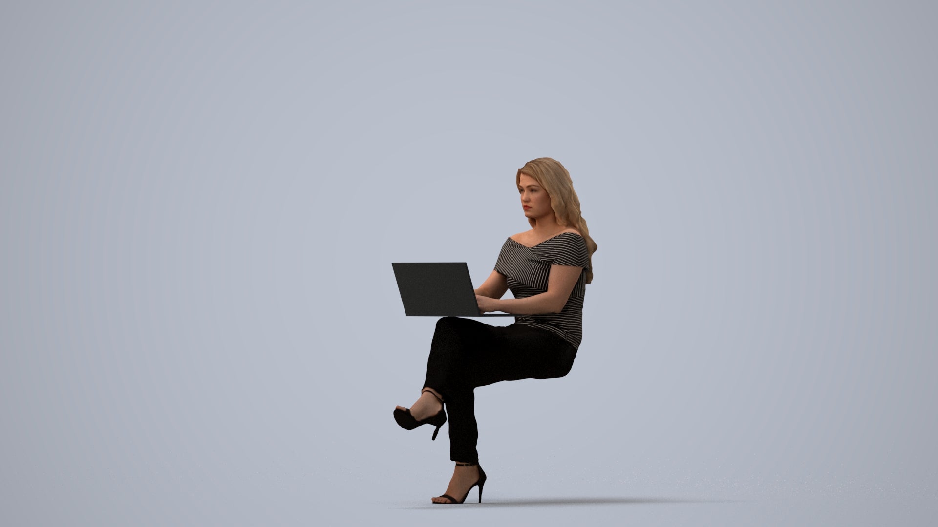 realistic 3D human woman business sitting, archviz people FBX OBJ for Blender, three-quarter view render